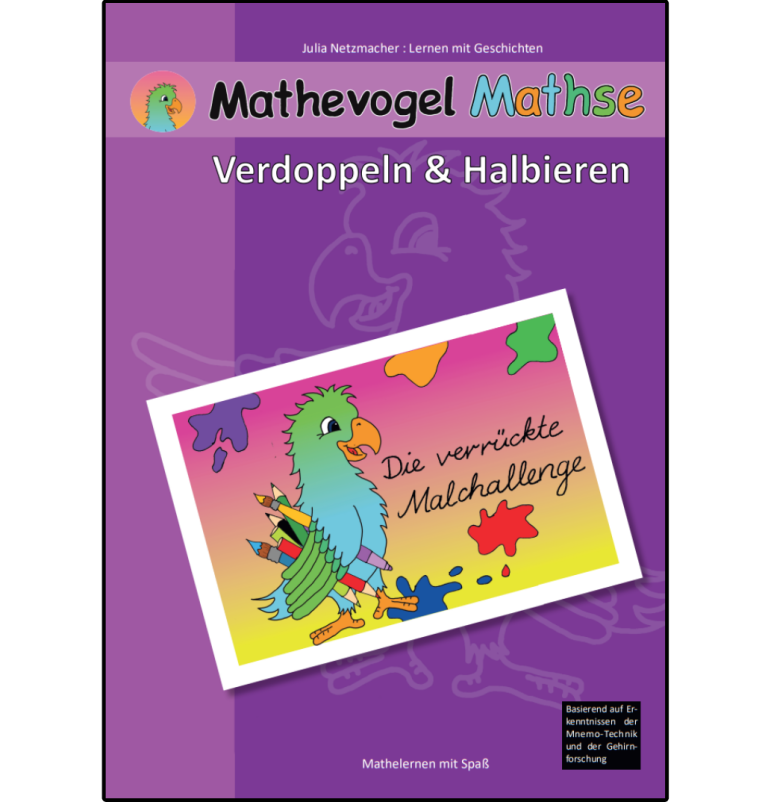 Mathematik-Arbeitsheft mit bunter Illustration und Titel zum Verdoppeln und Halbieren.