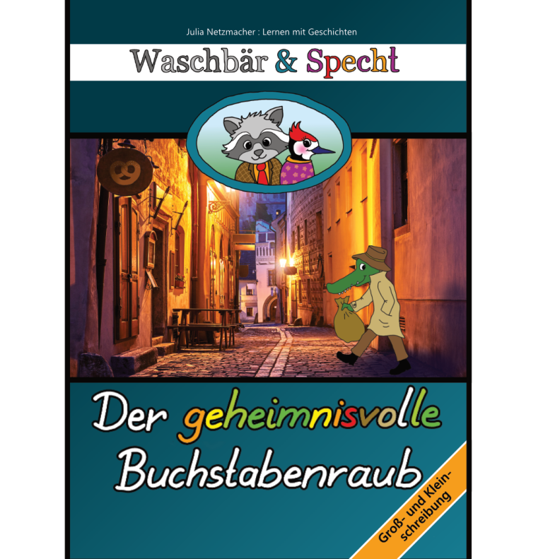 Buchcover mit Waschbär und Specht vor einer nächtlichen Stadtstraße.